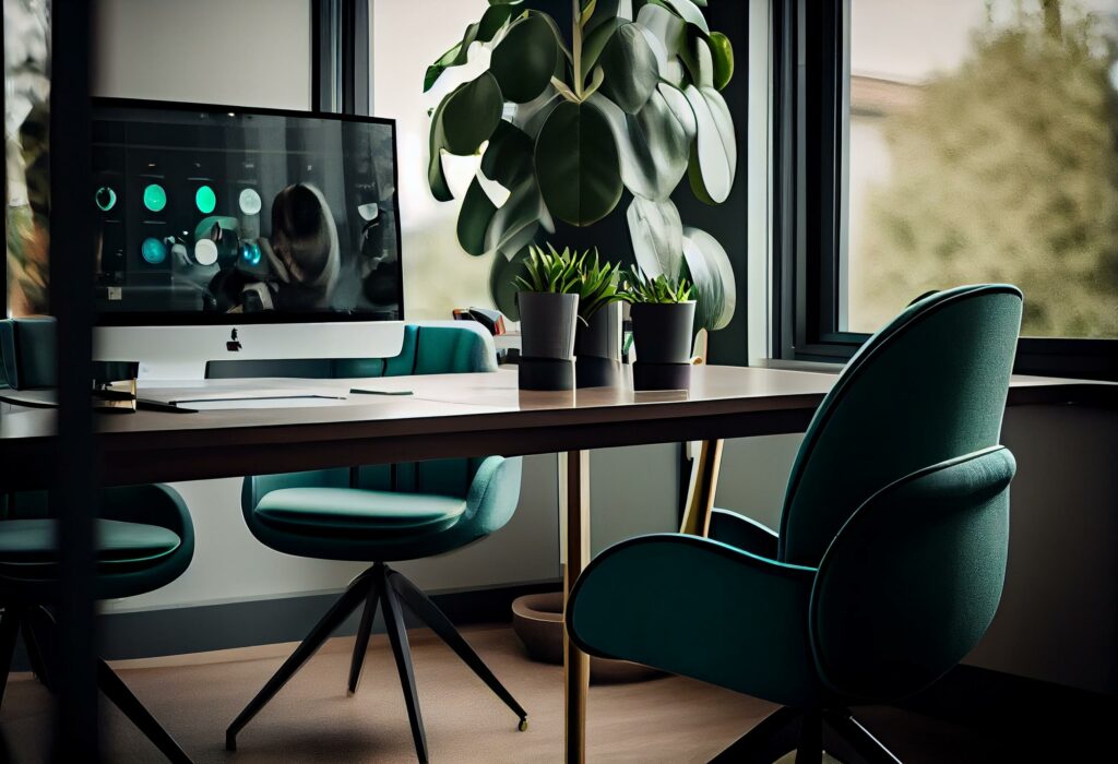 Corner of green office area with meeting table and workstation on background. Generative AI