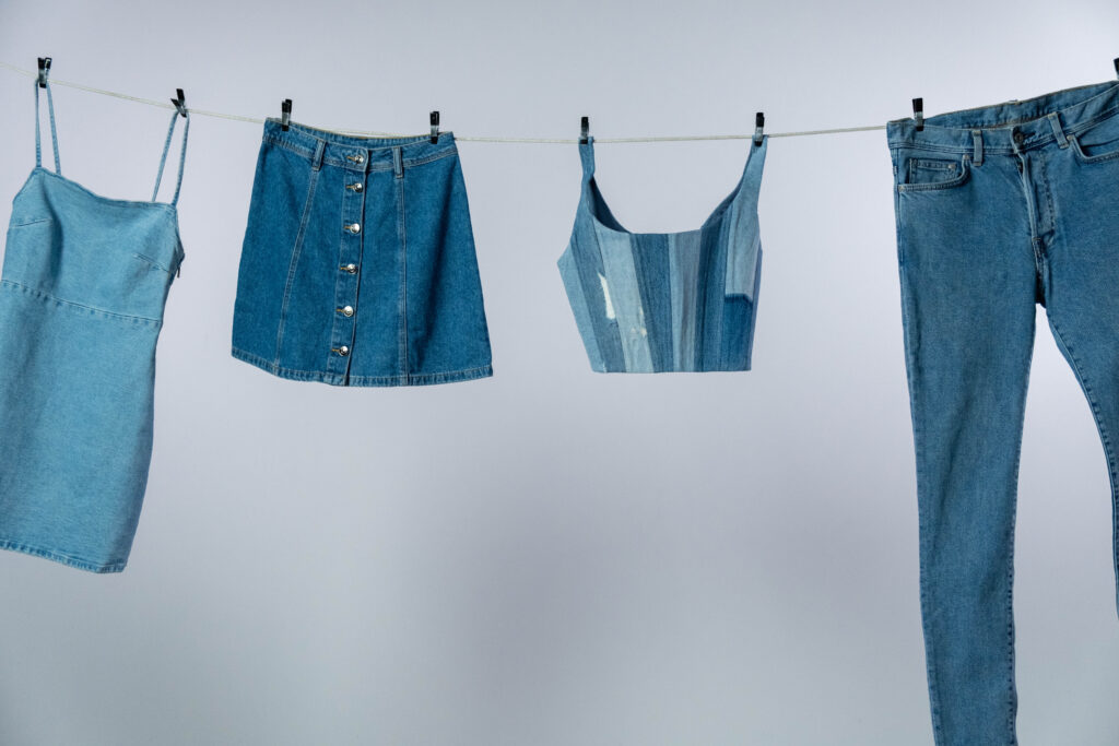 Denim clothes hanging on a clothesline