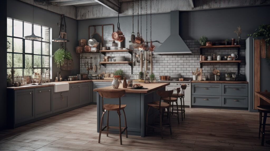 Grey home kitchen interior with cooking and dining space with kitchenware.