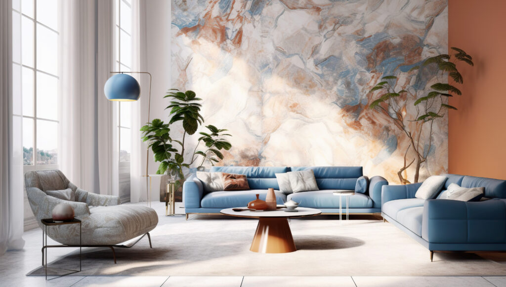 Interior design of modern living room with blue sofas and gray armchair. Created with generative AI