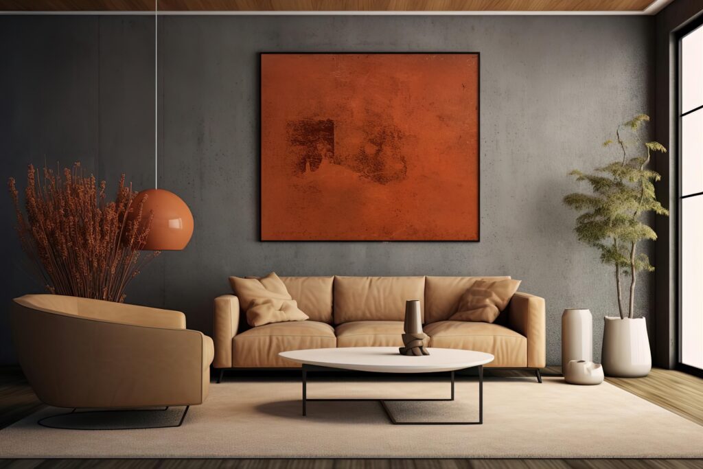 Minimalist Living Room with Beige Couch and Large Painting - Abstract Art Render