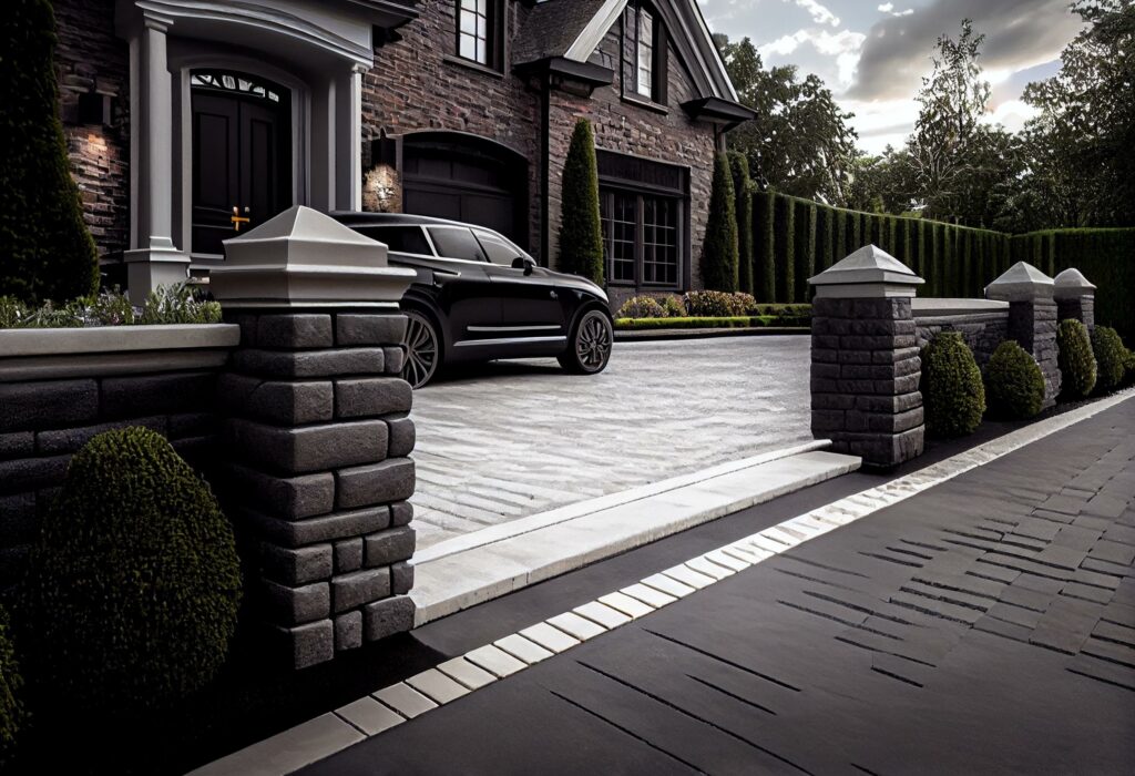 Seat wall and pillars with natural stone coping defines tumbled paver driveway and enhances landscape. Generative AI