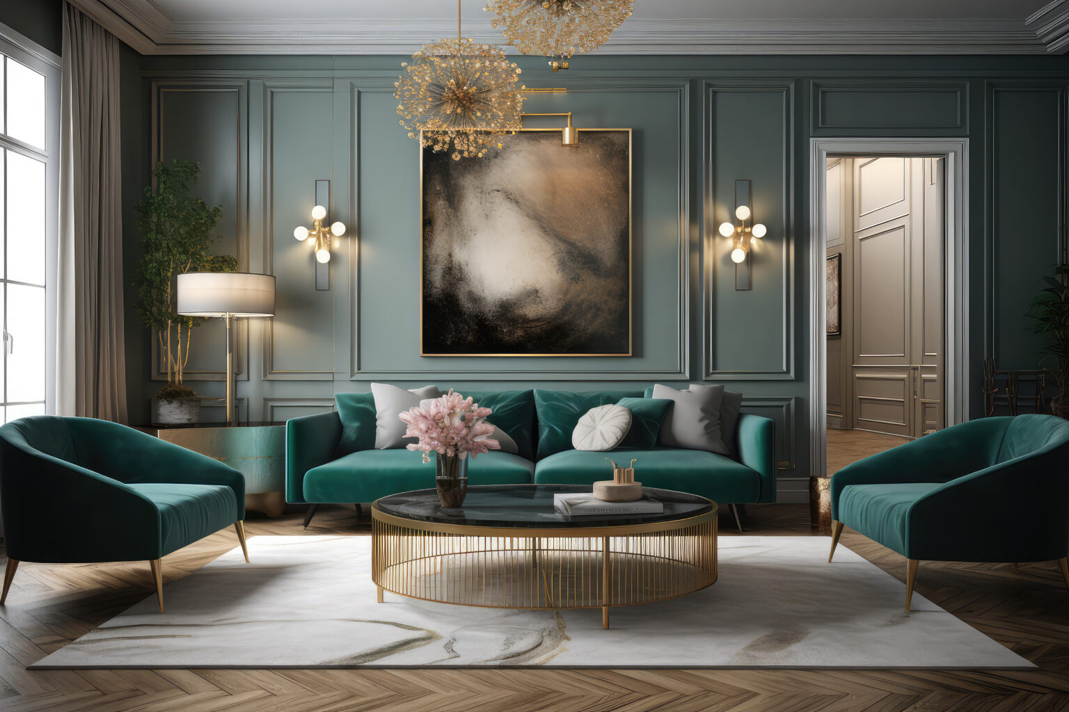 A Green Living Room With Blue And Gold Furniture Stock Photo 3d Model Design Art Deco Bedroom Stockpack Adobe Stock 1536x1024 