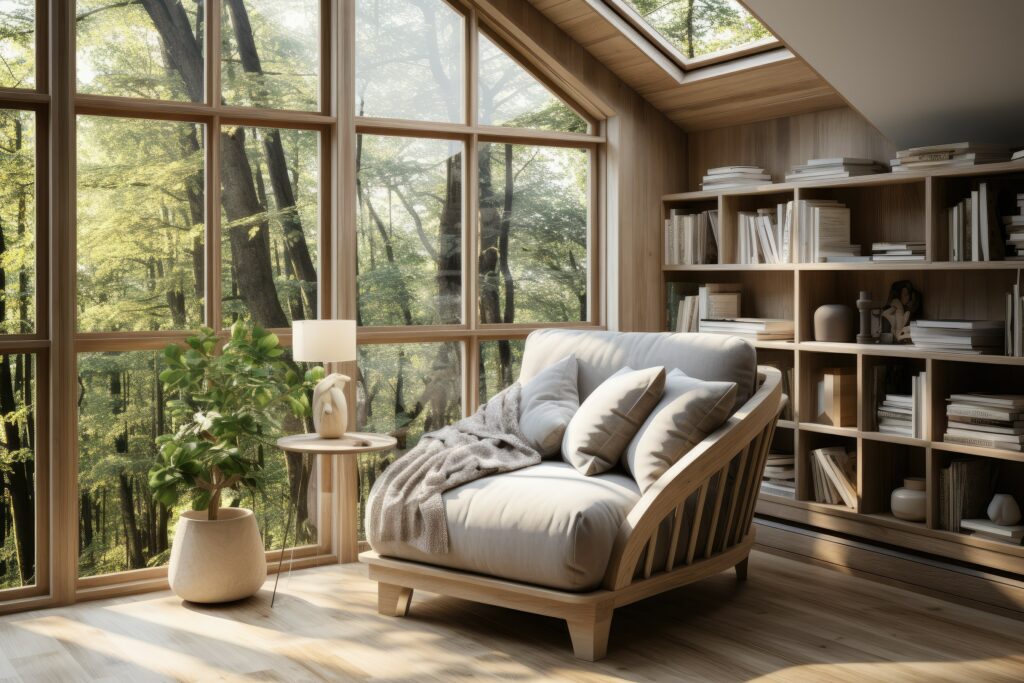 Capture the charm of Scandinavian modern interiors in a cozy reading nook. Envision a serene corner with light wood furniture, soft textiles, and ample greenery, emanating a sense of hygge and comfort