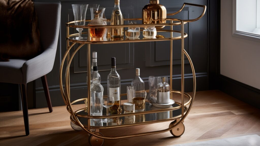 Chic and contemporary bar cart with glassware. AI generated