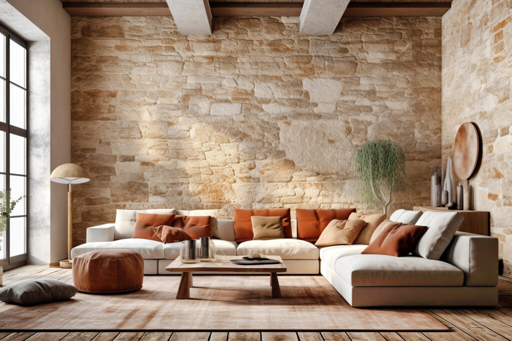 Corner sofa against window in room with stone cladding walls. Farmhouse style interior design of modern living room. Created with generative AI