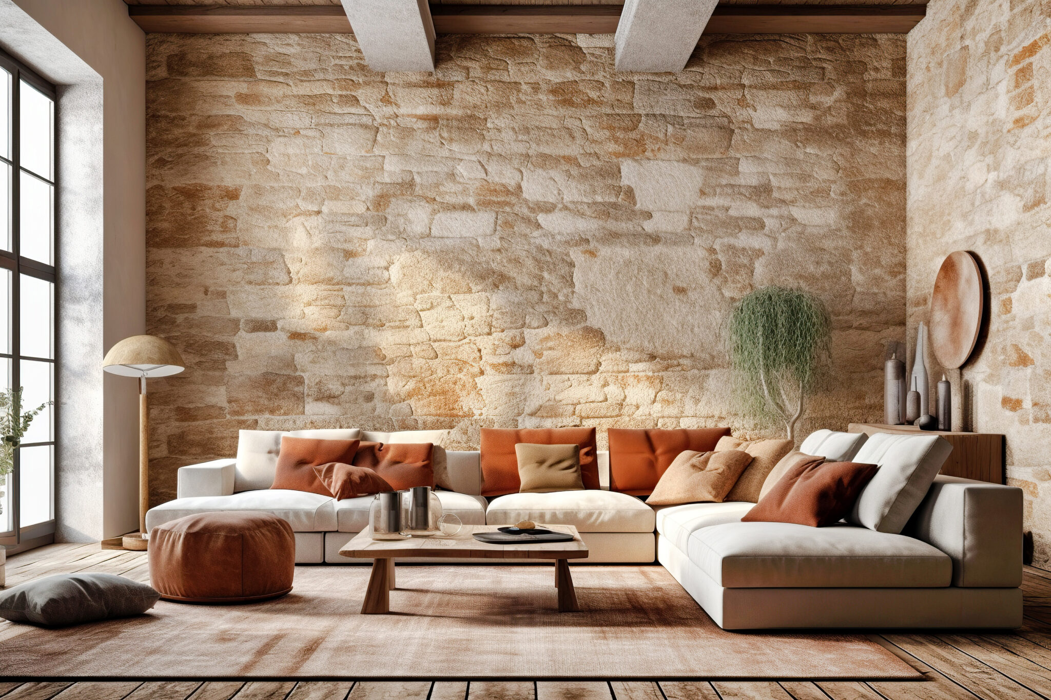 Corner Sofa Against Window In Room With Stone Cladding Walls Farmhouse Style Interior Design Of Modern Living Room Created With Generative Ai Stockpack Adobe Stock 2048x1365 