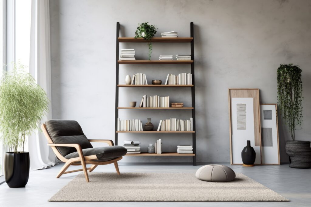 ladder bookshelf in a minimalist modern interior