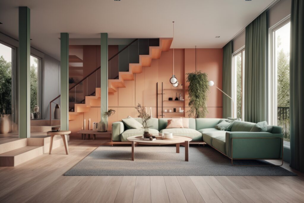 Modern living room with comfortable sofa, pastel colored walls, large windows, stairs to the second floor. A combination of dusty pink and shades of green. Trendy color combination. Generative AI