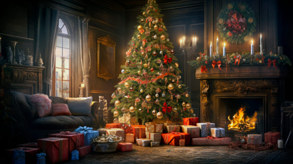 A living room decorated with a Christmas tree, fireplace, and wreath with presents all around the room