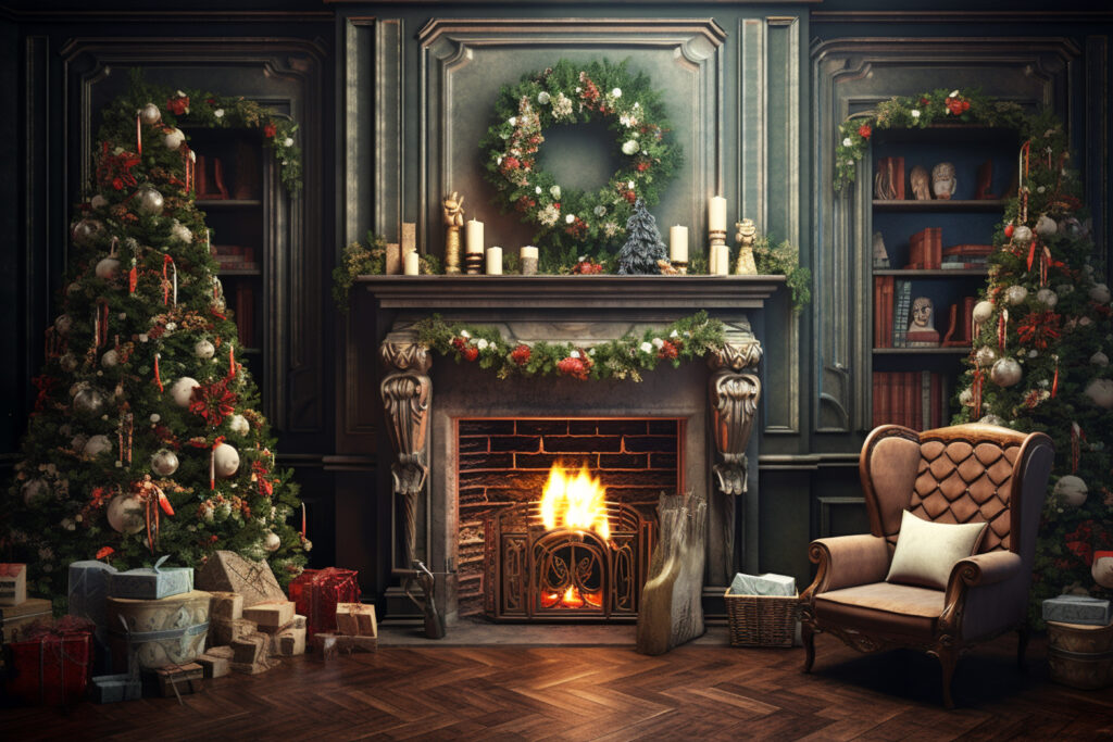 Beautiful Christmas Decoration Interior Room, Christmas Tree, Gifts, and Fireplace Backdrop Illustration