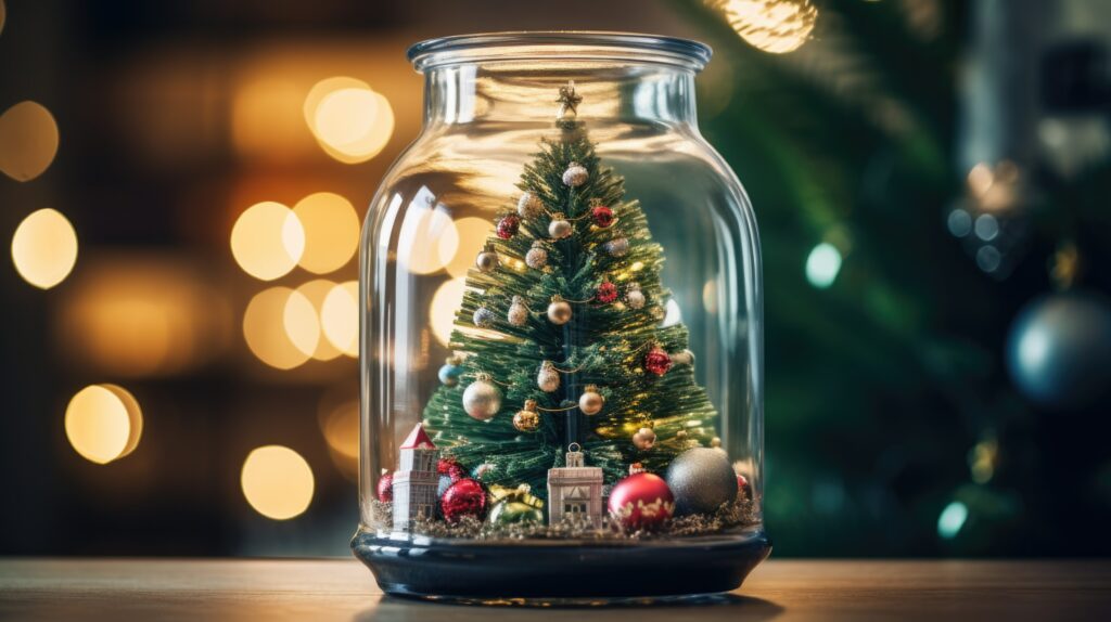 Christmas tree in mason jar on white background. Christmas tree with ornaments and lights in glass jar. Creative winter xmas festive background