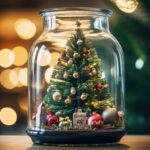 Christmas tree in mason jar on white background. Christmas tree with ornaments and lights in glass jar. Creative winter xmas festive background