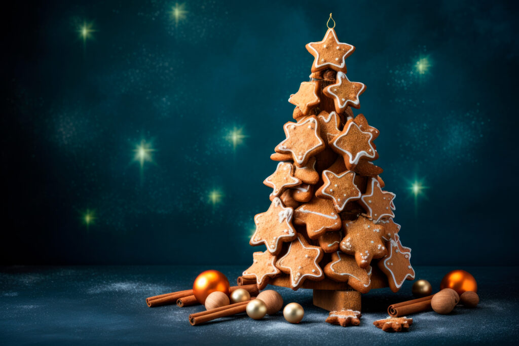 Christmas tree made of gingerbread stars on blue background. Copy space