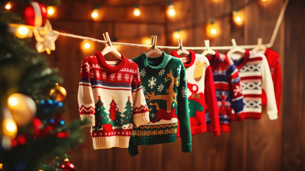 Flat lay of colorful National Ugly Christmas Sweater Day decorations