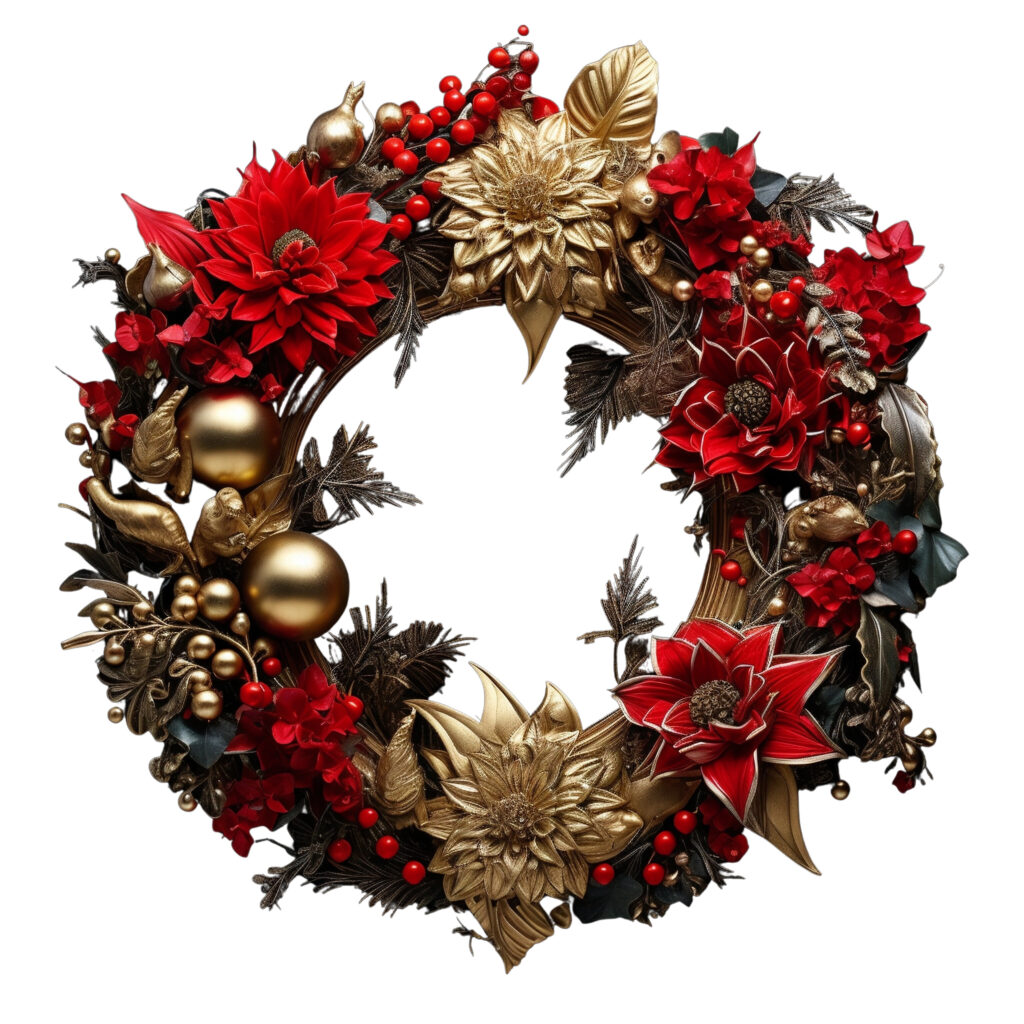 opulenter weihnachtlicher Kranz in rot und gold mit Blumen und goldenen Kugeln