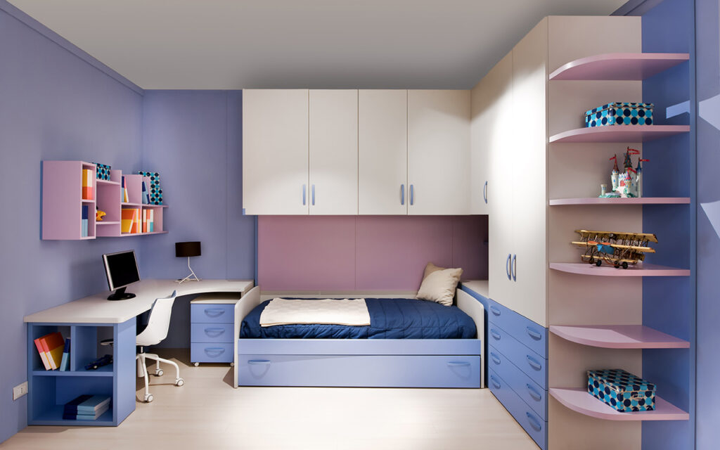 Stylish blue and purple teenagers bedroom interior