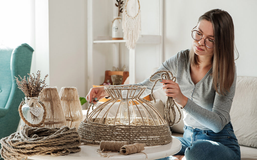 Woman makes handmade diy lamp from jute rope