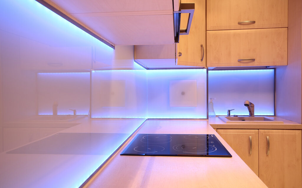 Kitchen with LED lights below the cabinets