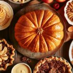 many different types of pies are arranged on a table