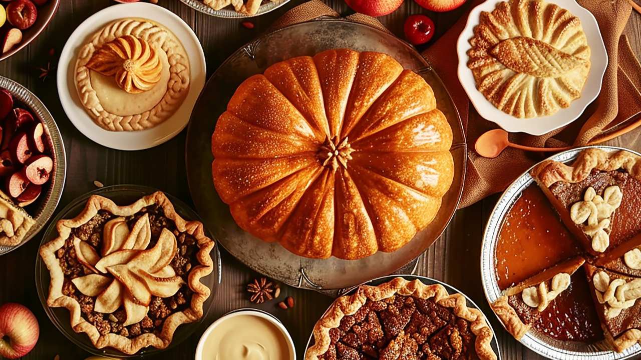 many different types of pies are arranged on a table