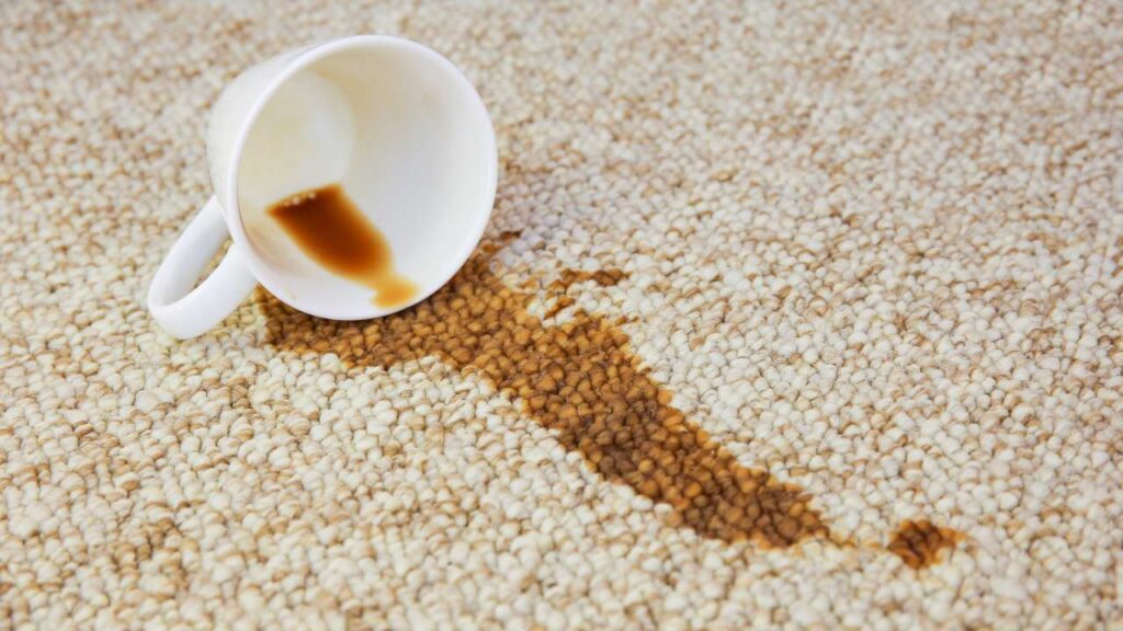 a coffee cup on a carpet with a stain on it