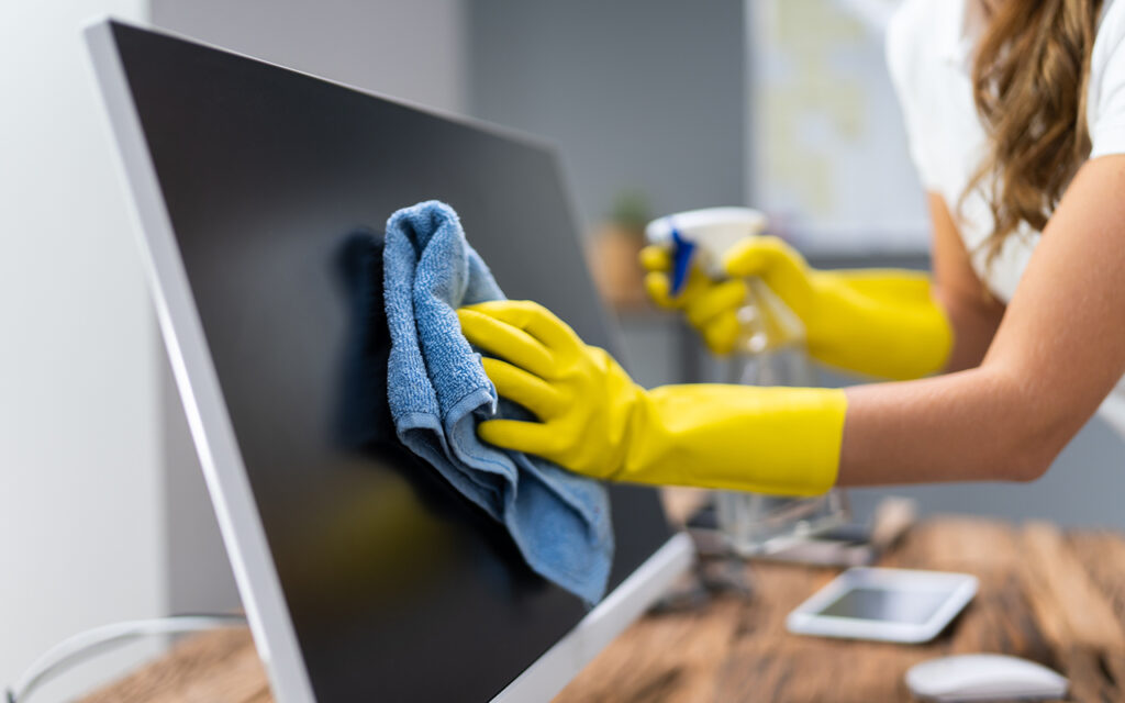 Person cleaning computer screen