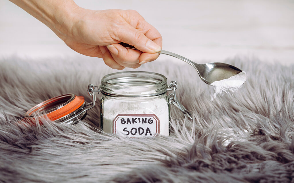 Sprinkling baking soda on a carpet