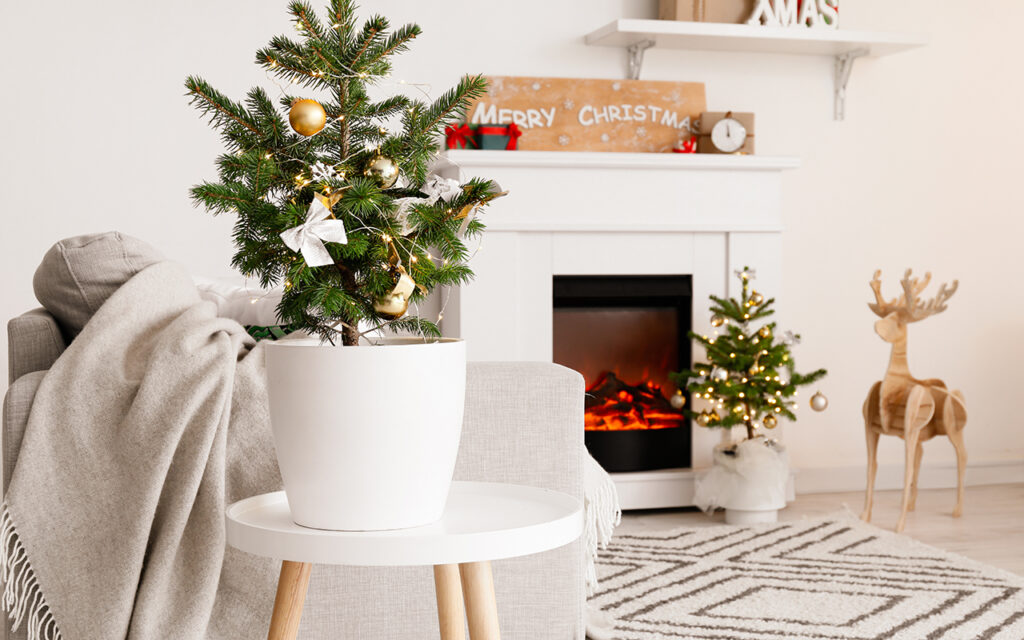 Miniature Christmas tree in a living room 