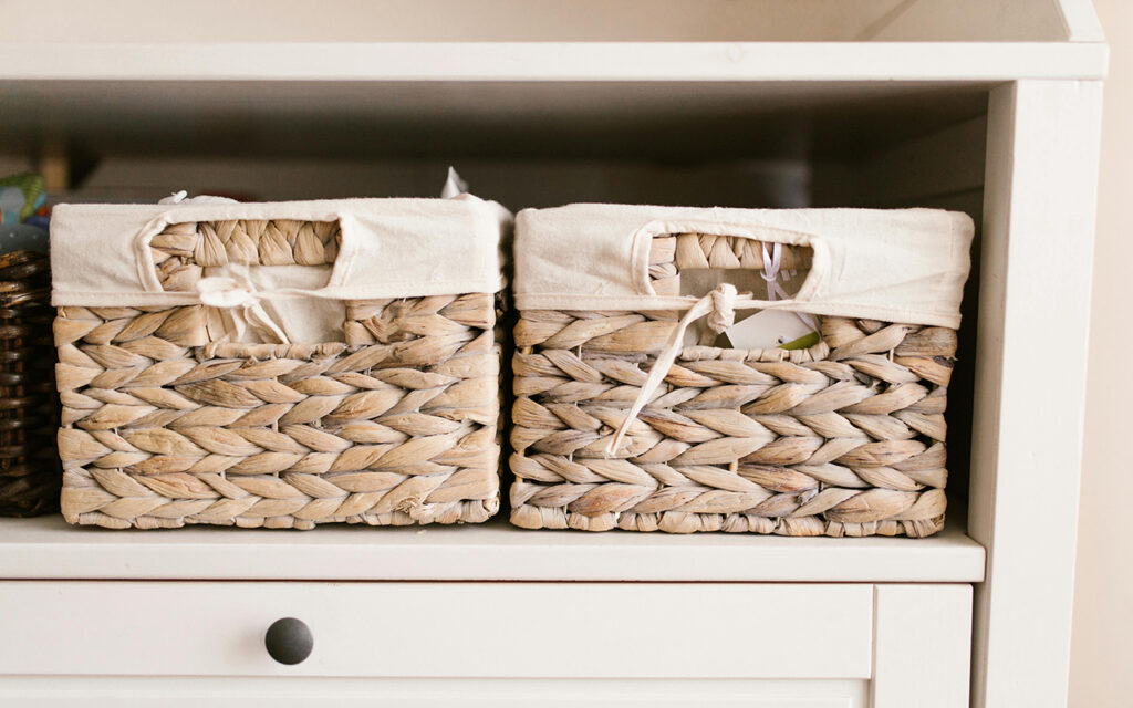 Shelves with boxes on them