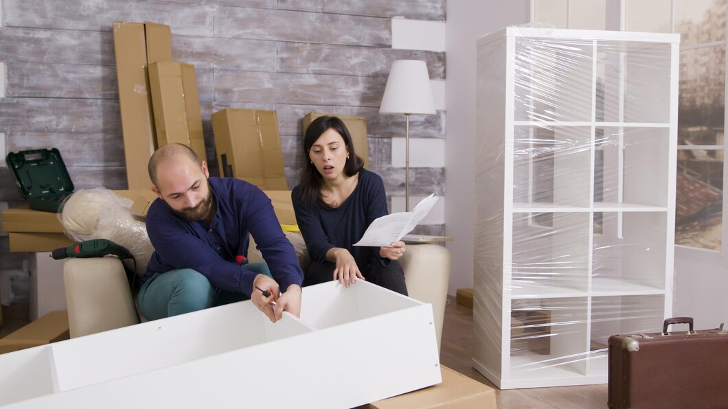 Couple putting together furniture