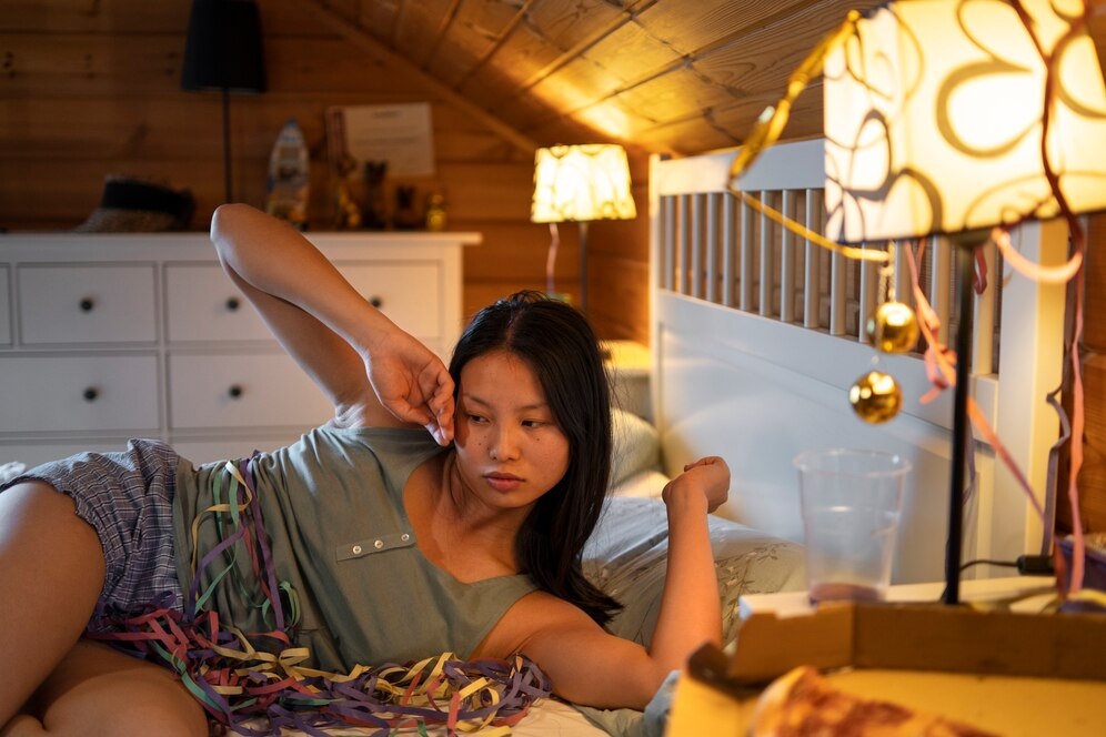 Woman lounging in bedroom