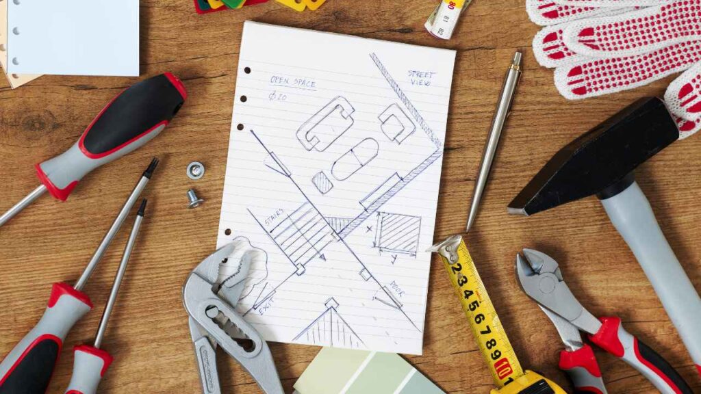 various tools and supplies on a wooden table