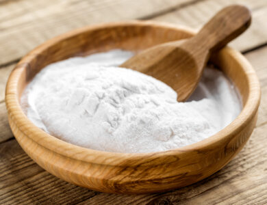 Baking soda in a wooden bowl