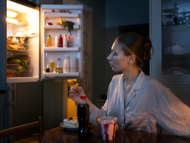 woman eating in front of open fridge