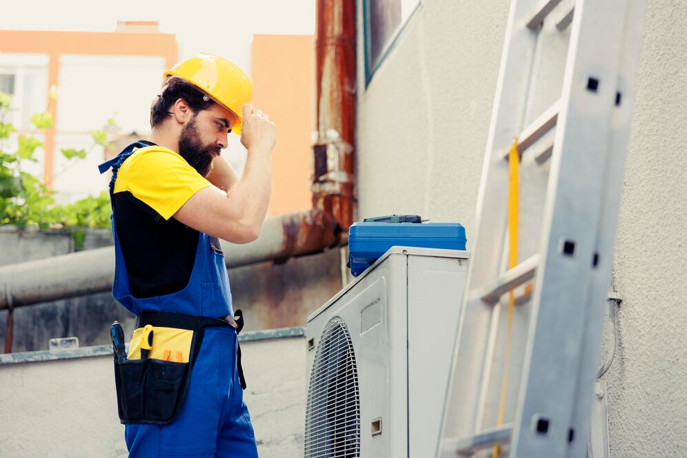 Construction worker checking an HVAC system