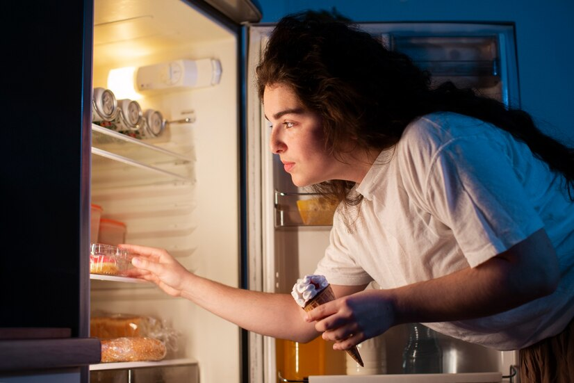 Woman looking in the fridge for food