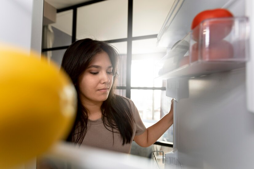 Woman looking in her fridge 