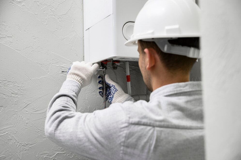 Worker doing maintenance on a water heater 