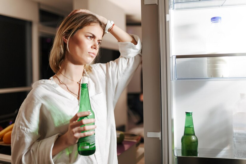 sad woman looking in the fridge