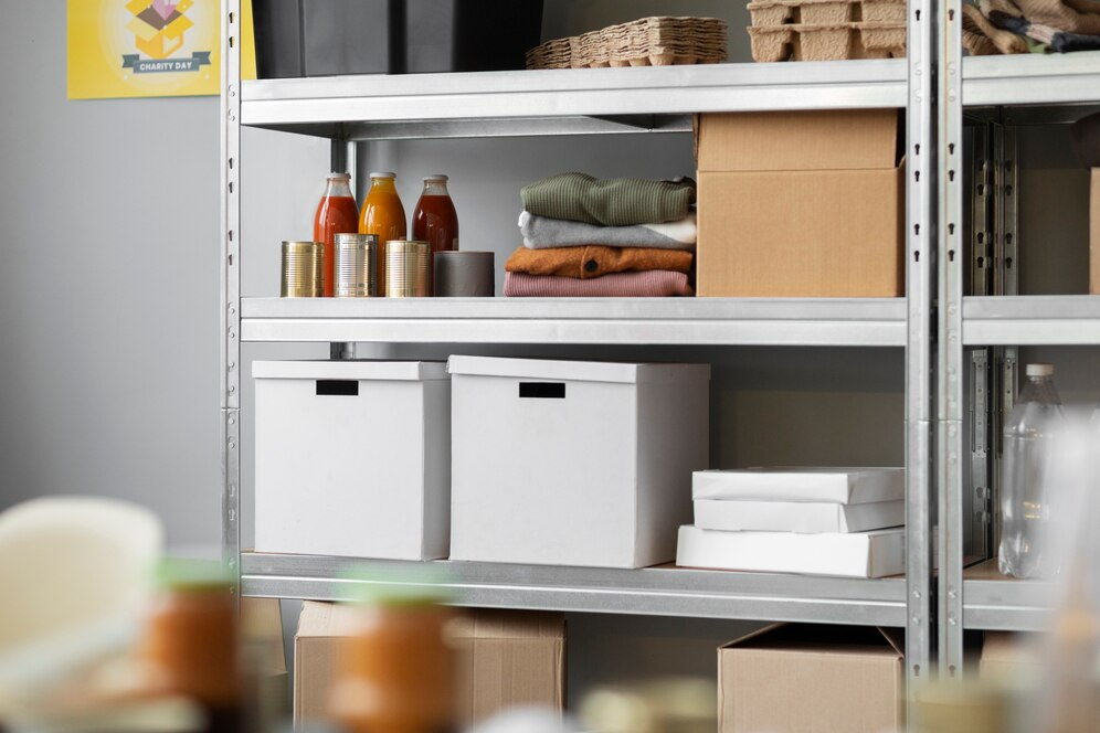 shelves with donations on them