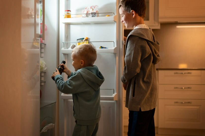 children standing in front of fridge