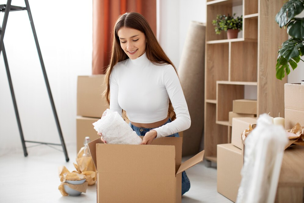 Woman packing a cardboard box with dishes