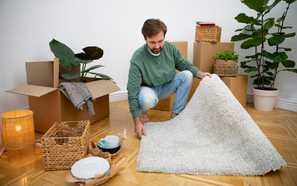 Man picking up a rug