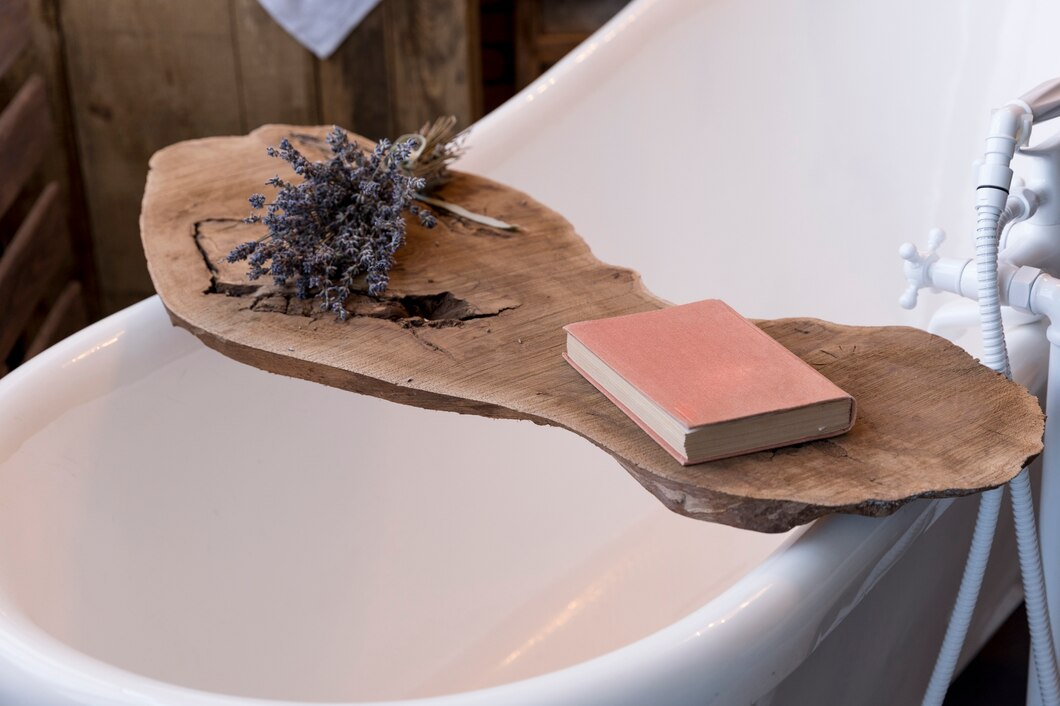 Bathtub tray with a book and herbs