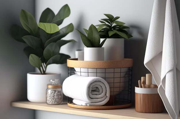 towel and plants in a bathroom