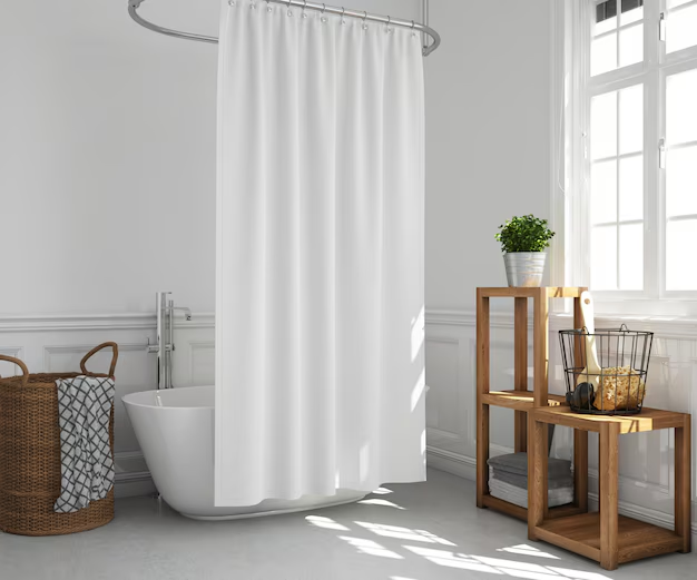 Bathtub with white shower curtain 
