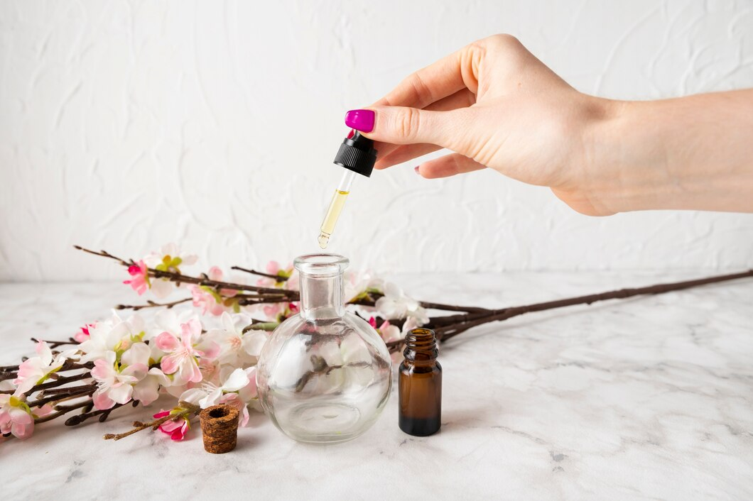 Essential oils in a glass bottle