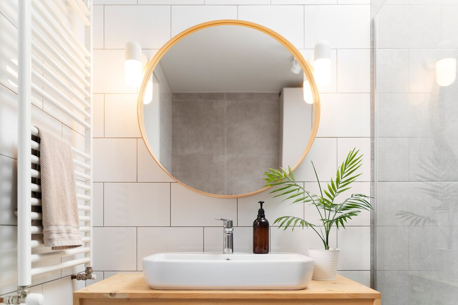 Statement mirror in a bathroom