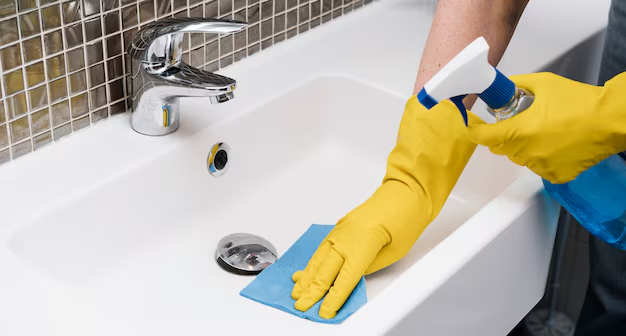 Person with yellow gloves cleaning a sink